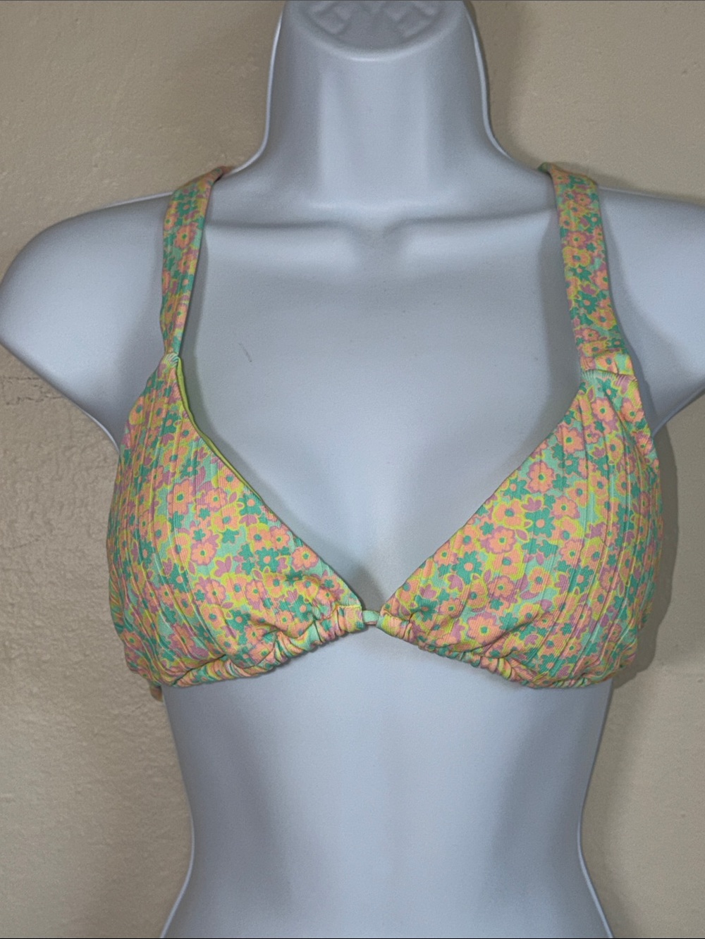 RVCA Floral Print Triangle Bikini Top in Yellow, Pink and Mint